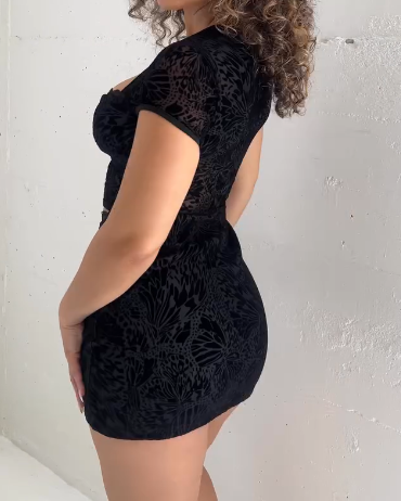 Slim Fit Velvet Lace Hollow Short Dress