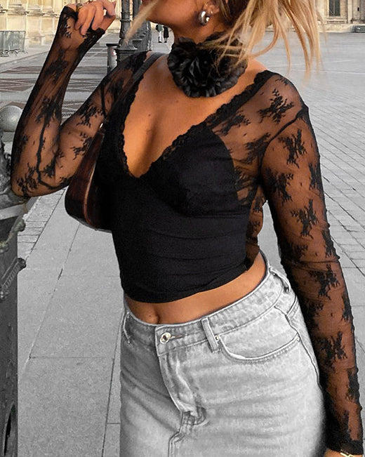 Solid Color Sexy Stitching Lace T-Shirt