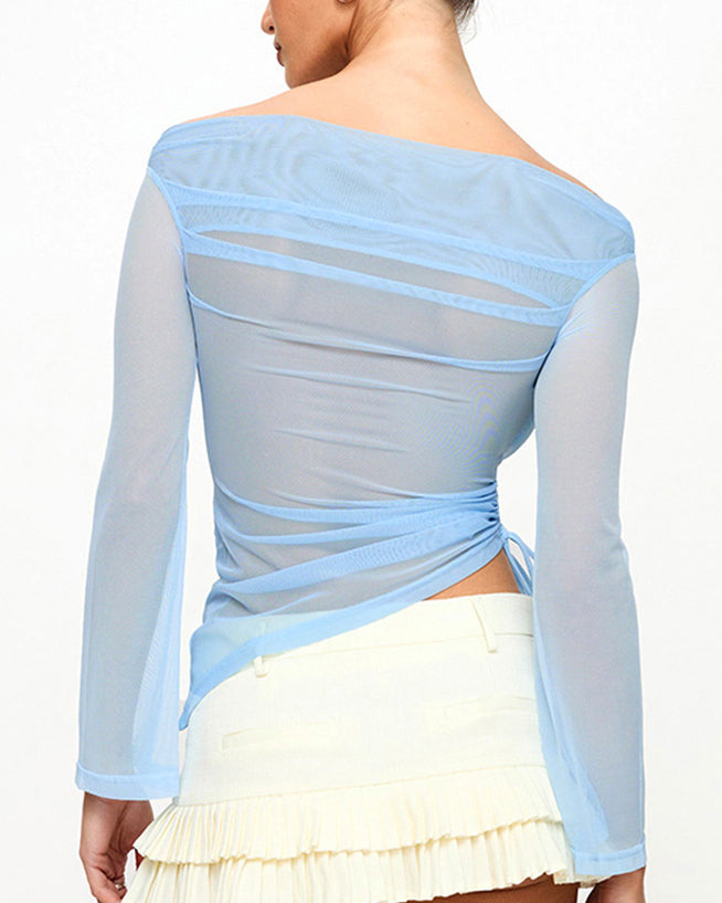 Solid Color Long Sleeve One Shoulder Mesh Splicing Top