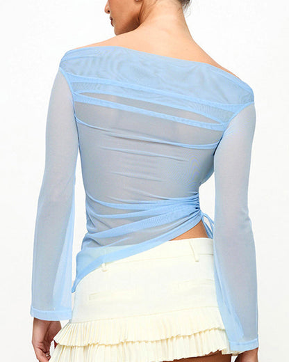 Solid Color Long Sleeve One Shoulder Mesh Splicing Top