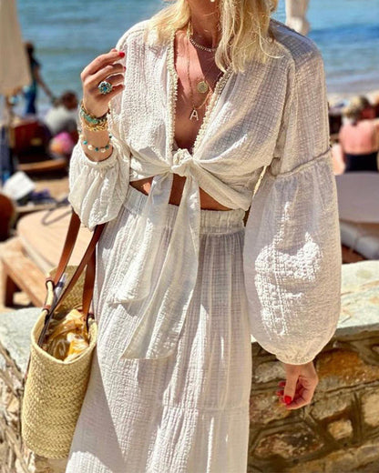 Bohemian Puff Sleeve Cardigan Skirt Two-Piece Set