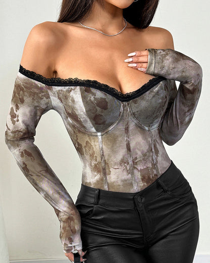 Retro Mesh Print Lace One-Shoulder Slimming Jumpsuit