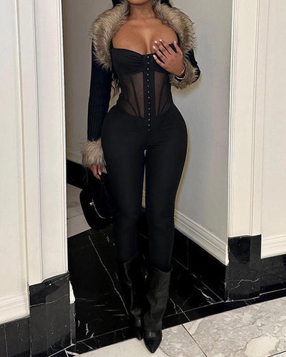 Sling Low-Cut See-Through Slim Jumpsuit