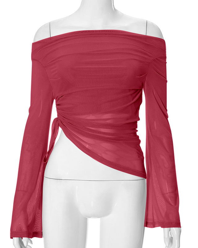 Solid Color Long Sleeve One Shoulder Mesh Splicing Top