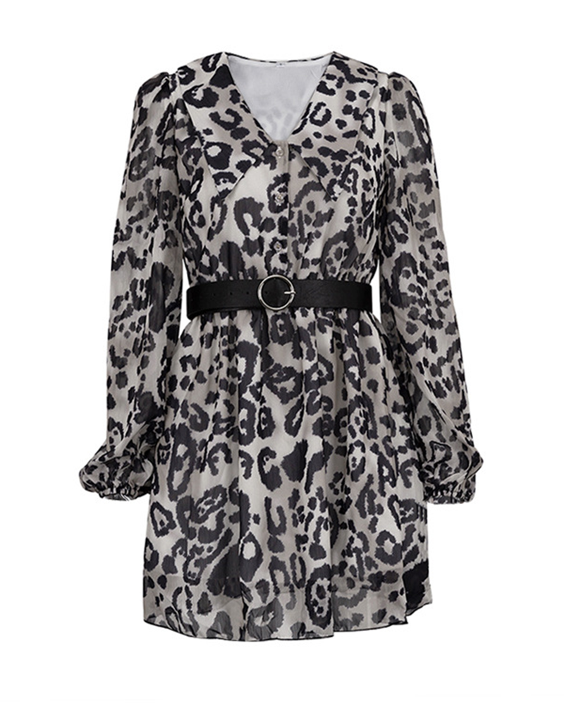 V Neck Long Sleeve Leopard Print Dress