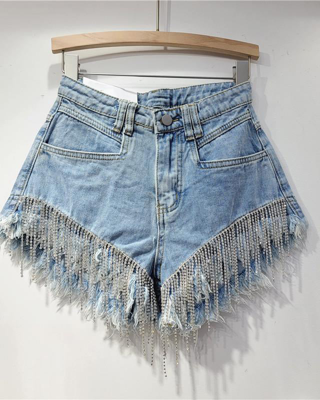 Ripped High Waist Rhinestone Tassel Chain Denim Shorts