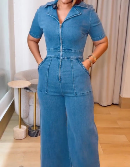 Casual Loose Straight Leg Demin Jumpsuits with Pockets