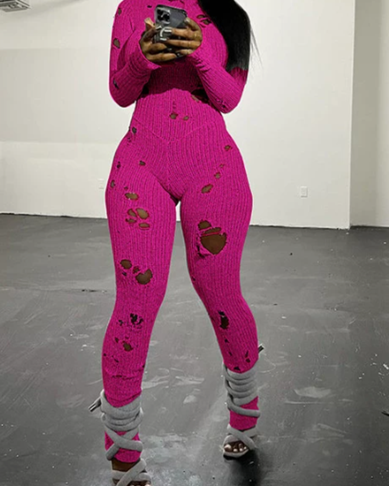 Long-Sleeved Knitted Holes In Slimming Jumpsuits