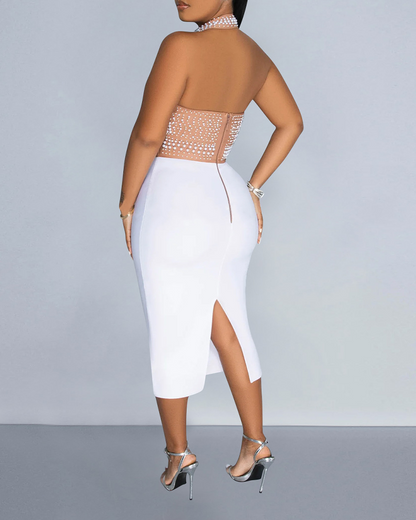 Mesh Rhinestone Halterneck Dress