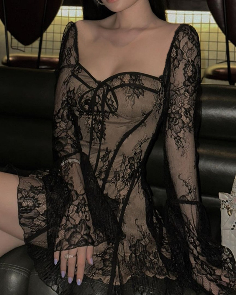 Lace-Up Lace Long-Sleeved Dress