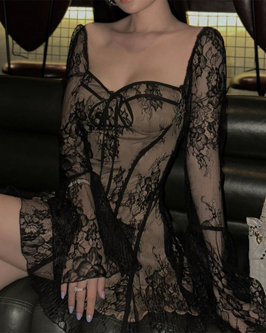 Lace-Up Lace Long-Sleeved Dress