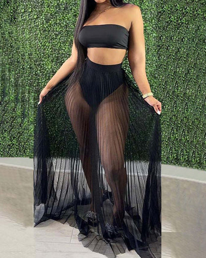Mesh Pleated Three-Piece Skirt