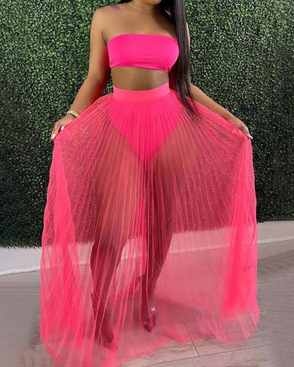 Mesh Pleated Three-Piece Skirt