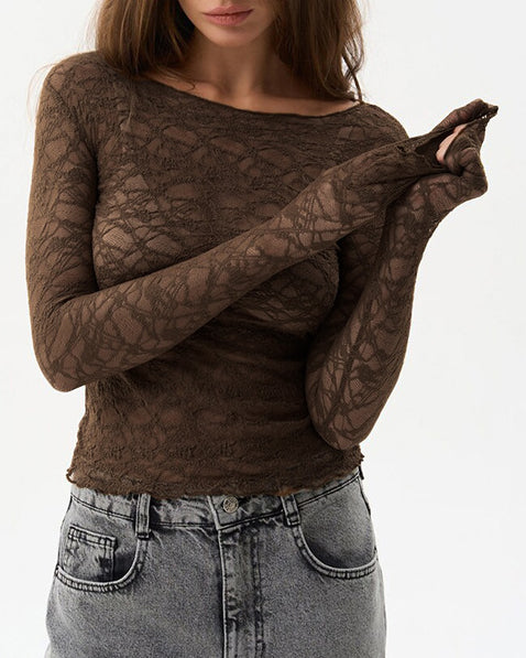 Solid Color Round Neck Lace Long Sleeve Top