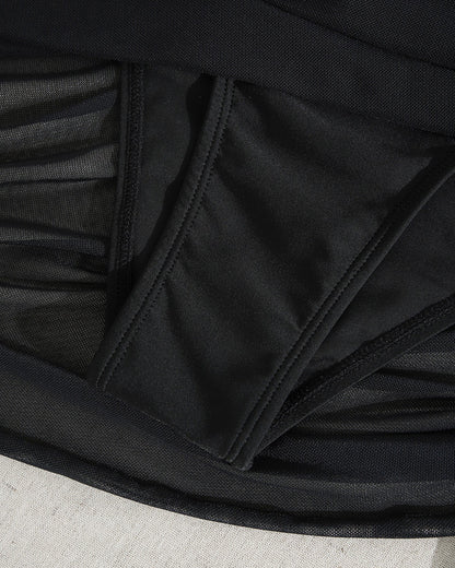 Mesh Splicing Drawstring One-Piece Bikini Swimsuit