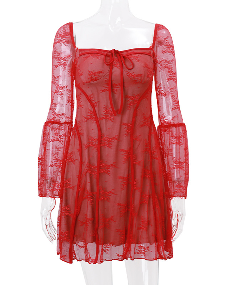 Lace-Up Lace Long-Sleeved Dress