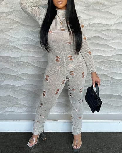 Long-Sleeved Knitted Holes In Slimming Jumpsuits