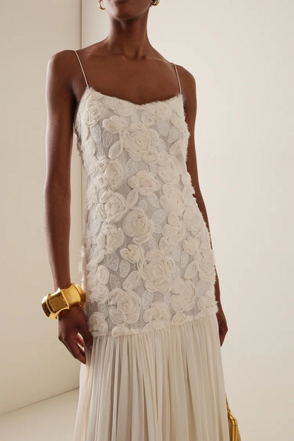 Andrea Floral Applique Pleated Chiffon Maxi Dress