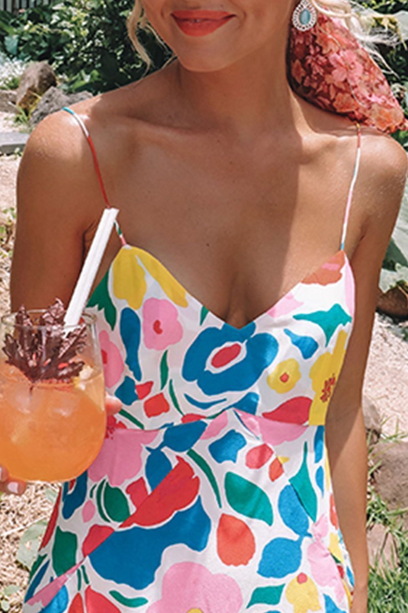 Floral Printed Backless Mid Calf Dress With Pocket