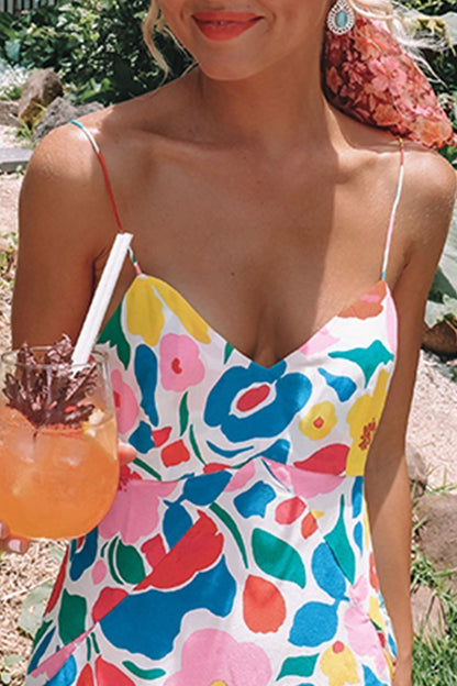 Floral Printed Backless Mid Calf Dress With Pocket