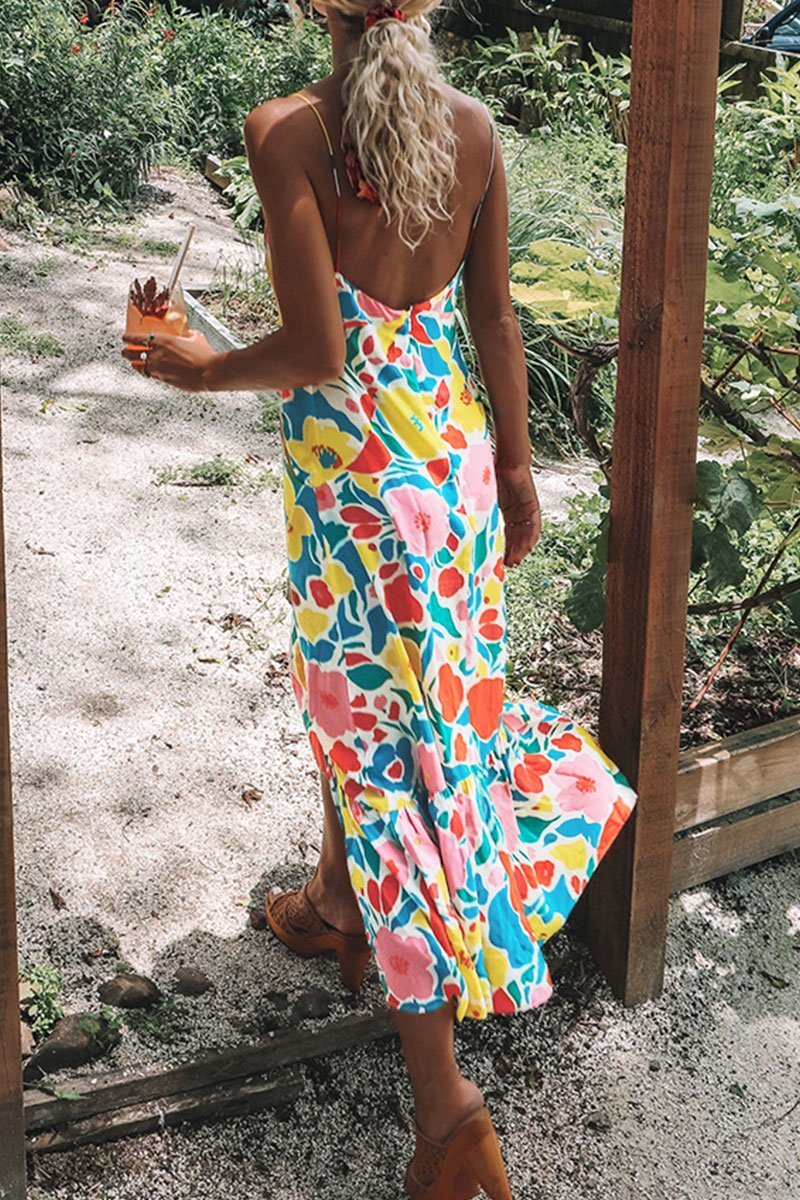 Floral Printed Backless Mid Calf Dress With Pocket