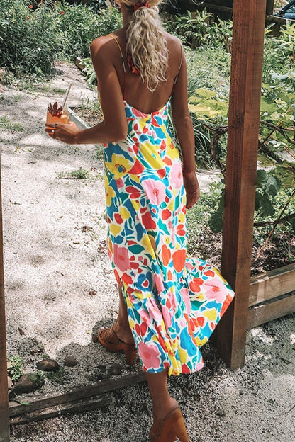 Floral Printed Backless Mid Calf Dress With Pocket