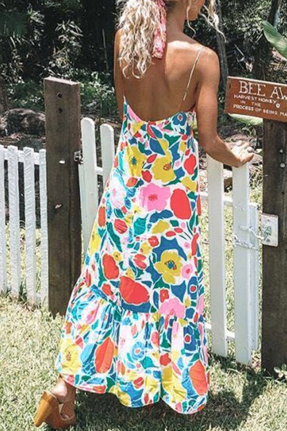 Floral Printed Backless Mid Calf Dress With Pocket