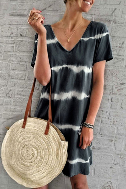 V Neck Striped Printed Knee Length A Line Dress