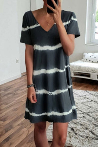 V Neck Striped Printed Knee Length A Line Dress