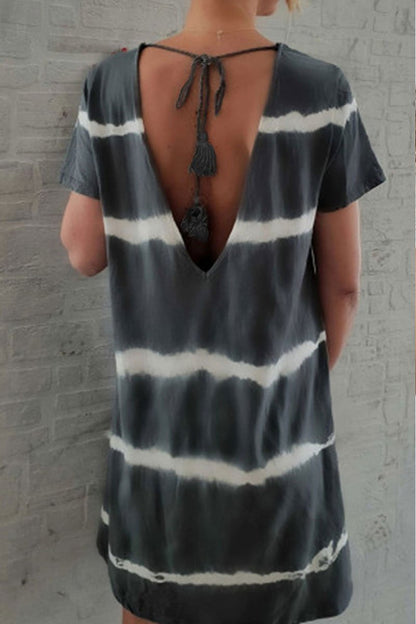 V Neck Striped Printed Knee Length A Line Dress