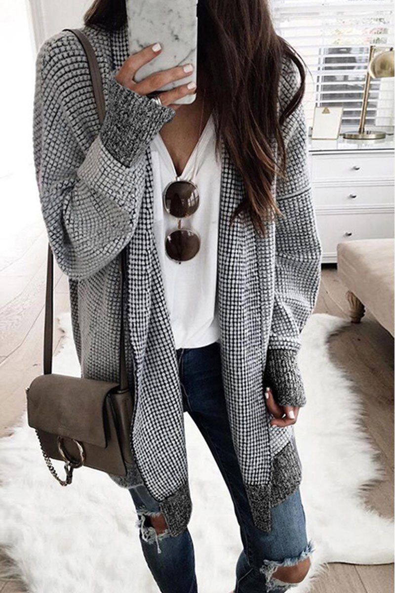 Plaid Grids Printed Black Cardigan