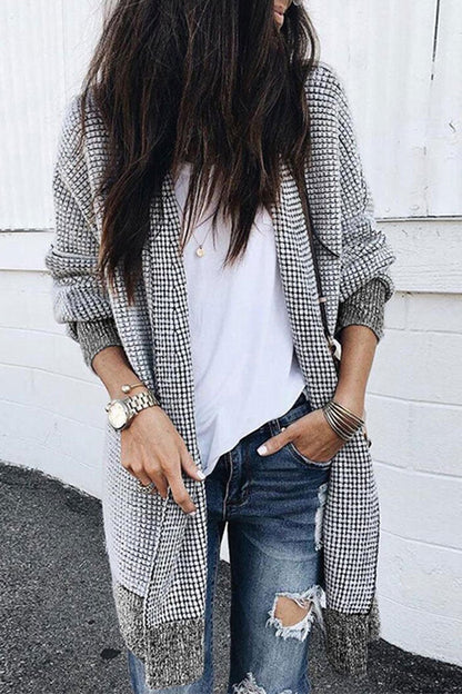 Plaid Grids Printed Black Cardigan