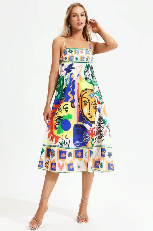 Abstract Print Sleeveless Midi Sun Dress