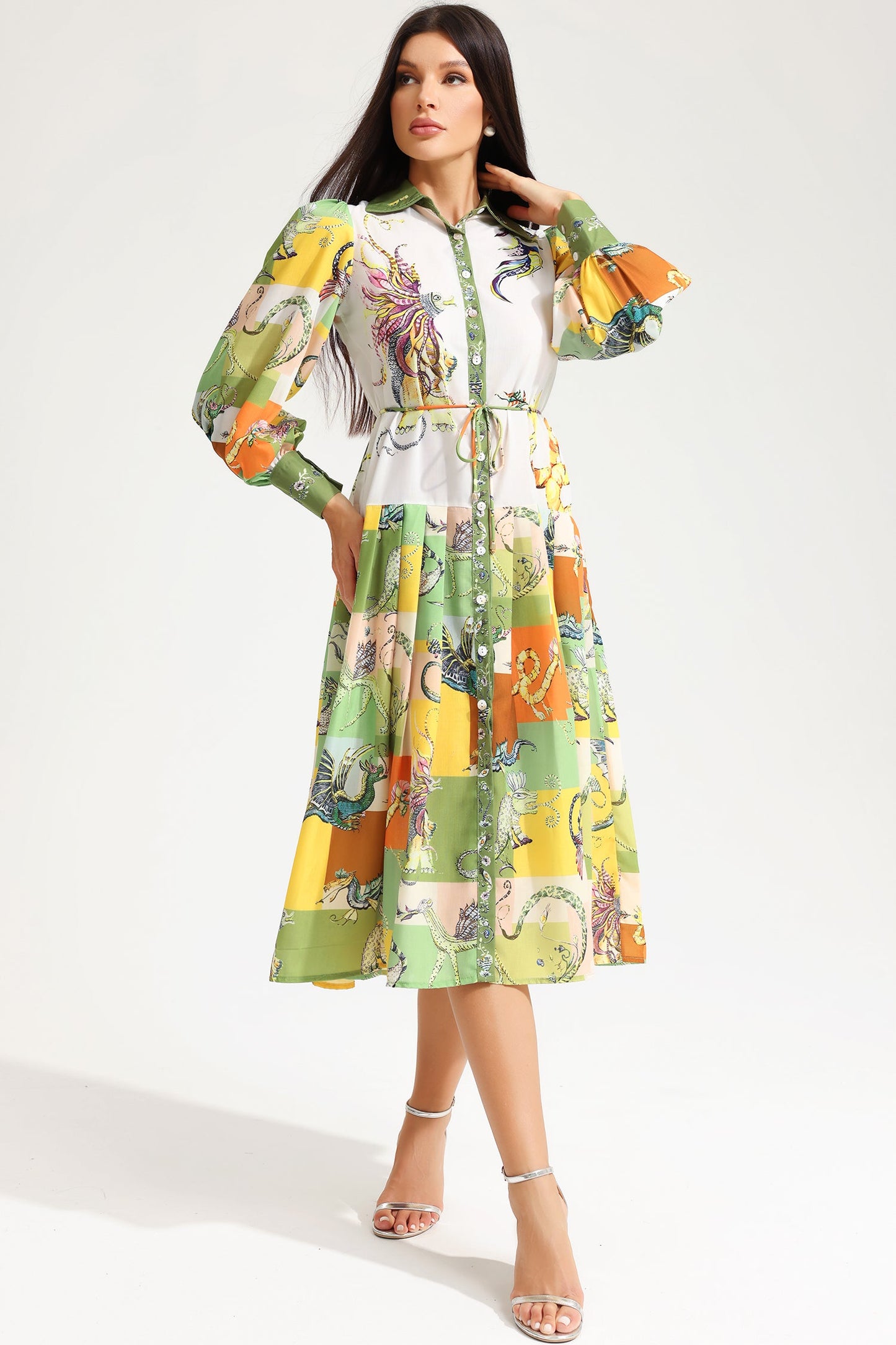 Animal Print Long Sleeve Lace Up Midi Dress