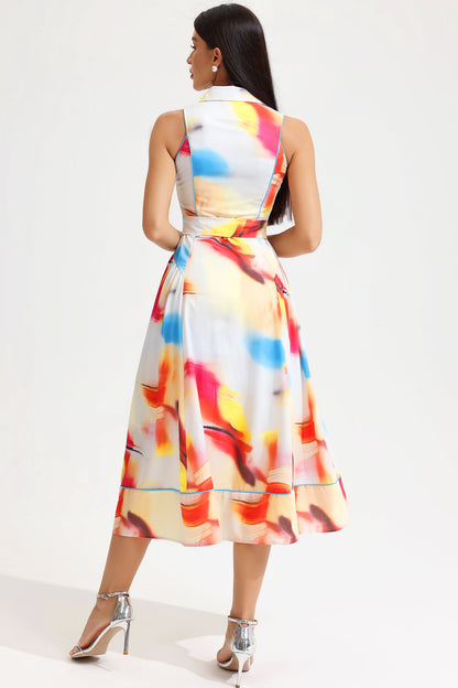 Abstract Print Sleeveless Lapel Lace Up Midi Dress
