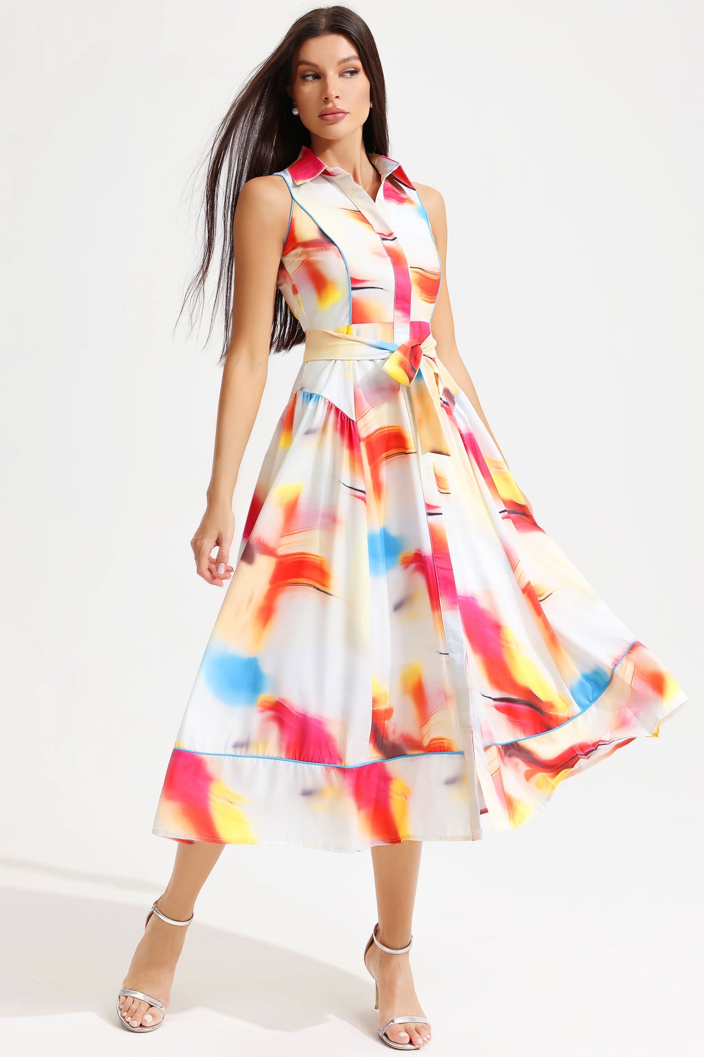 Abstract Print Sleeveless Lapel Lace Up Midi Dress