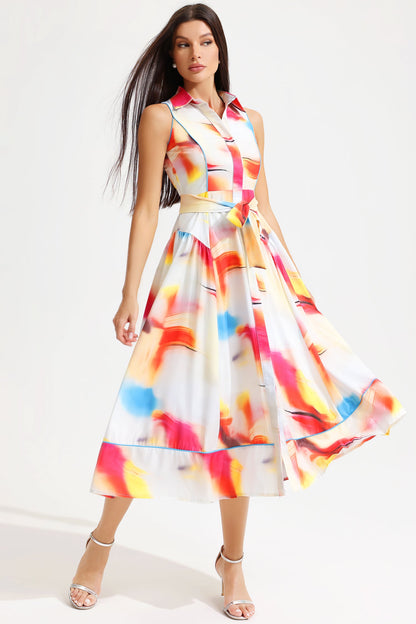 Abstract Print Sleeveless Lapel Lace Up Midi Dress
