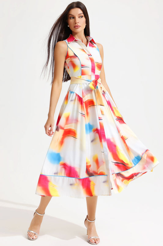 Abstract Print Sleeveless Lapel Lace Up Midi Dress