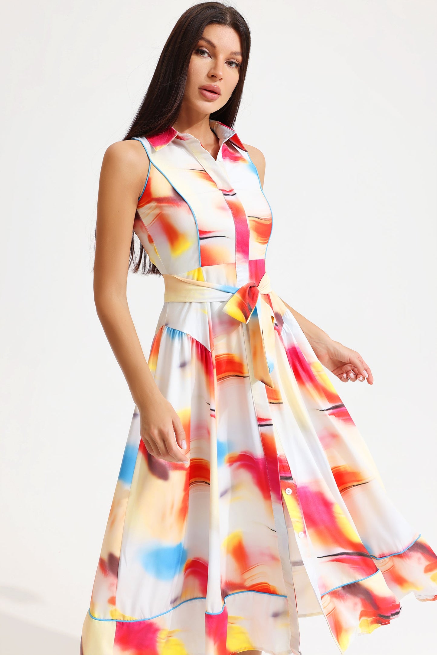 Abstract Print Sleeveless Lapel Lace Up Midi Dress