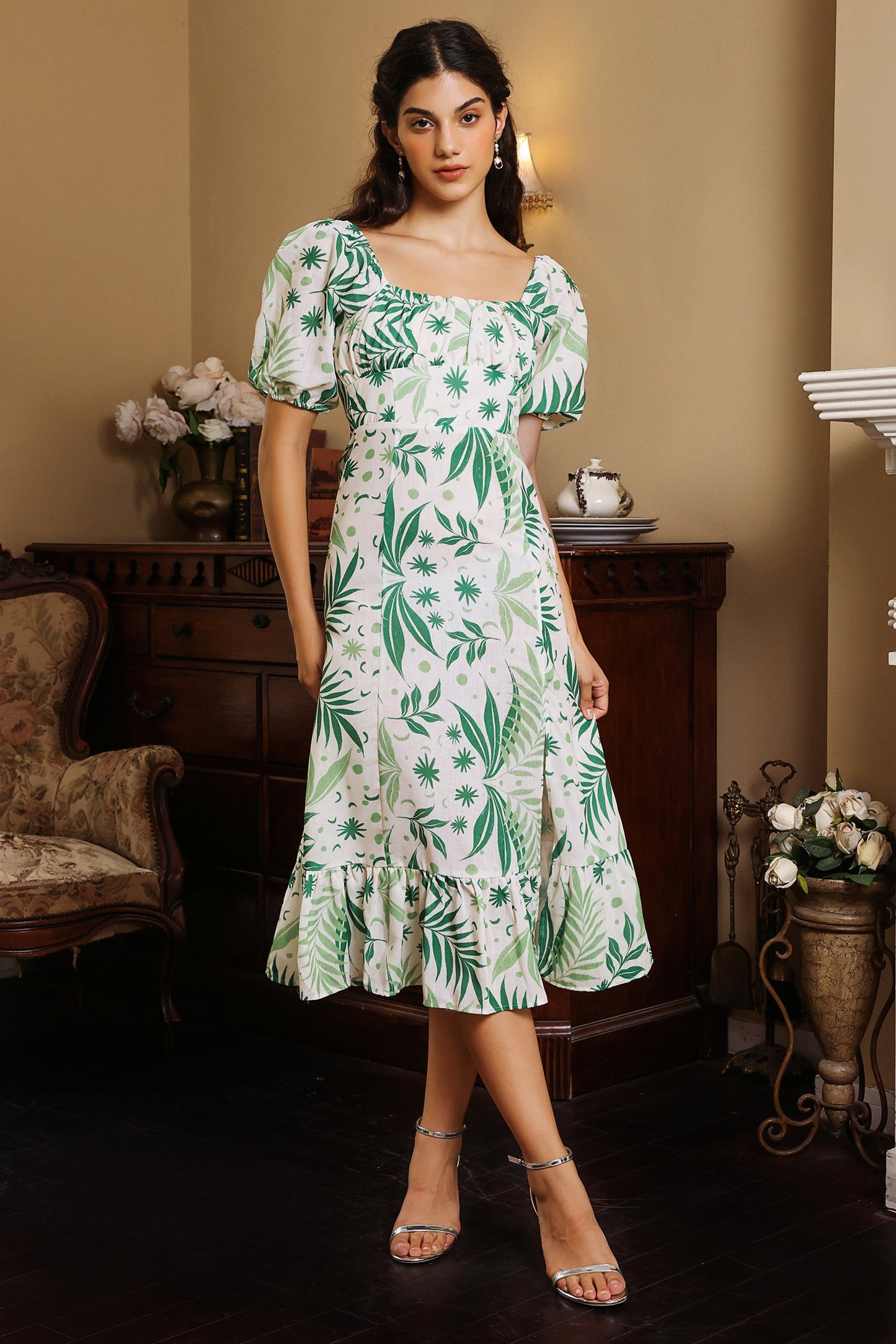 Botanical Print Puff Sleeve Square Collar Midi Dress