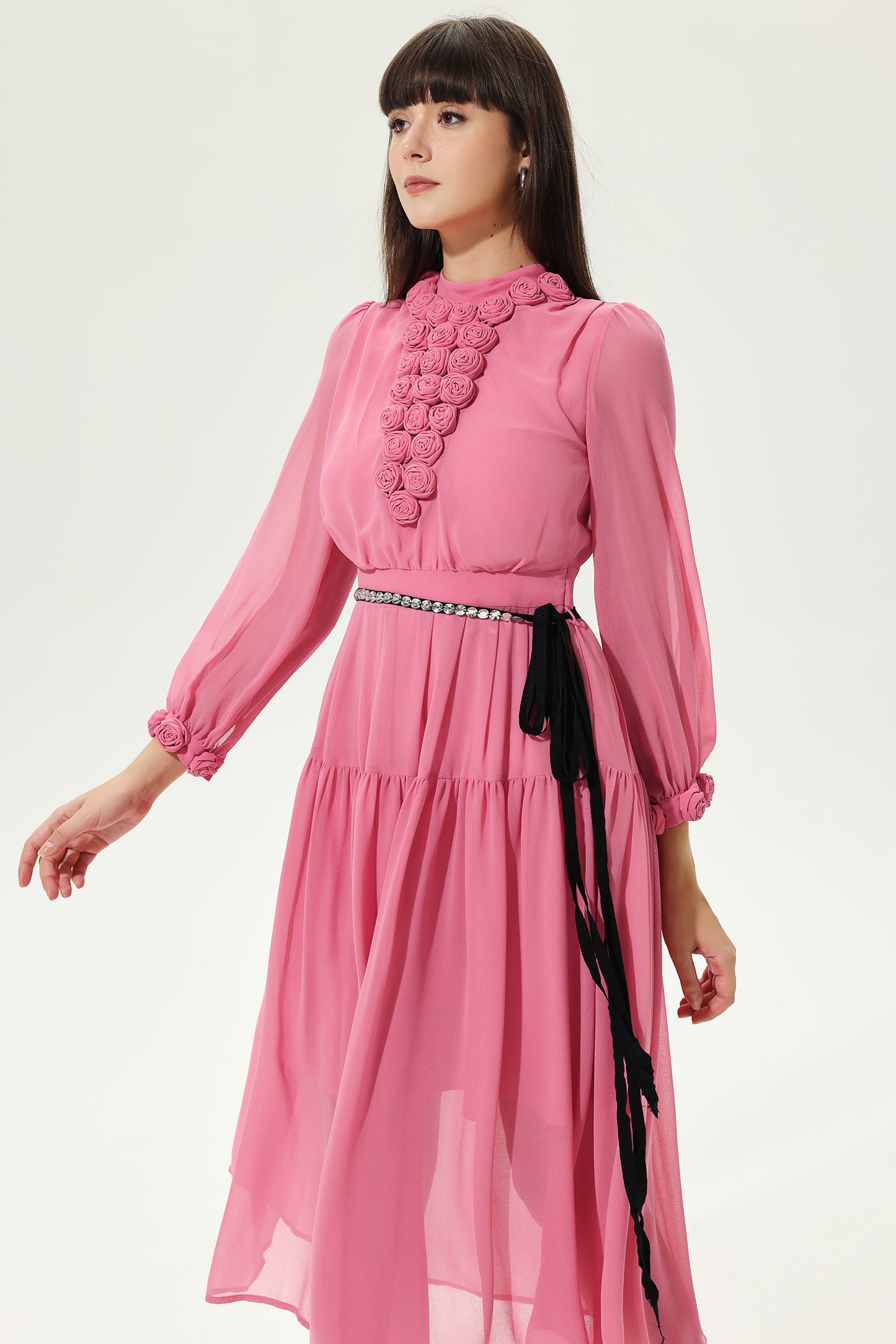 3D Flower Lantern Sleeve Crew Collar Midi Dress