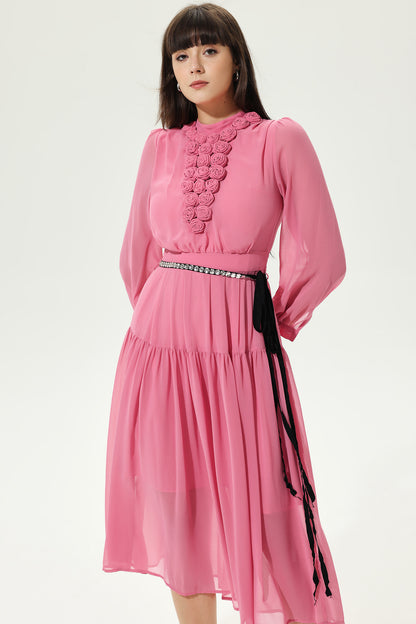 3D Flower Lantern Sleeve Crew Collar Midi Dress