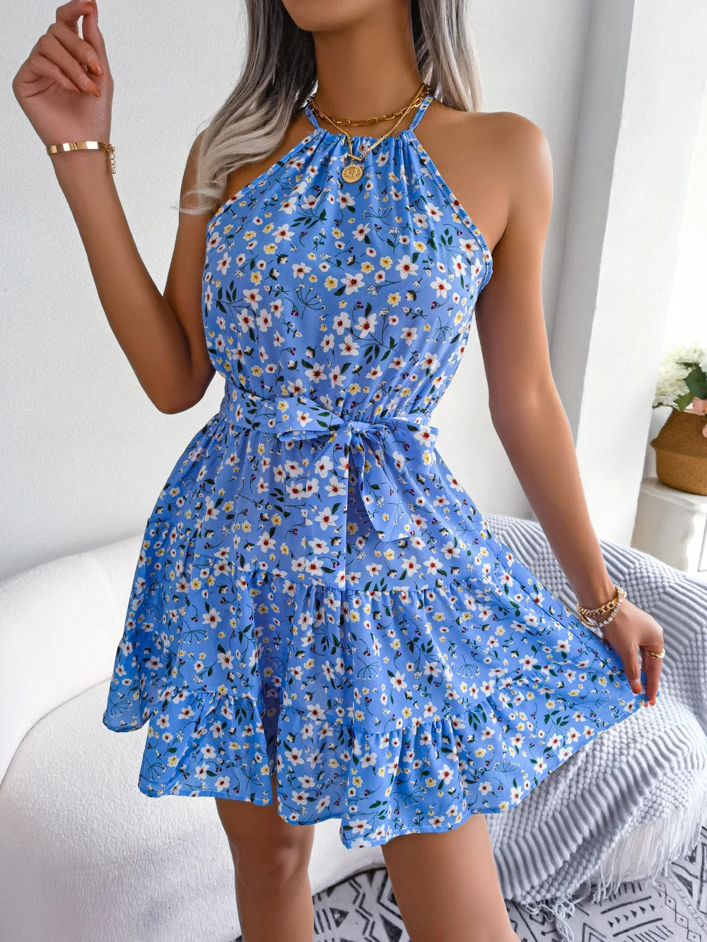 2025 New Casual O-neck Sleeveless Mini Short Sundress Dresses For Women Summer Lace Up Sexy Floral Print Halter Ruffles Vestidos