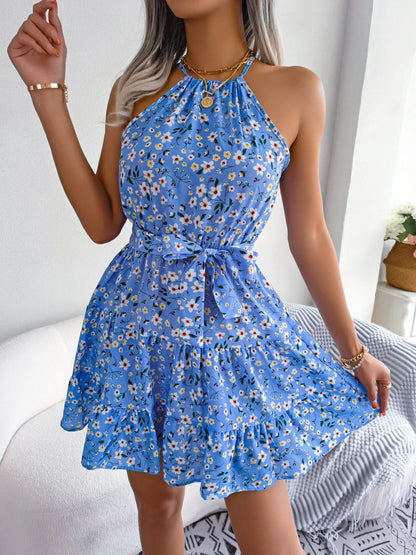 2025 New Casual O-neck Sleeveless Mini Short Sundress Dresses For Women Summer Lace Up Sexy Floral Print Halter Ruffles Vestidos