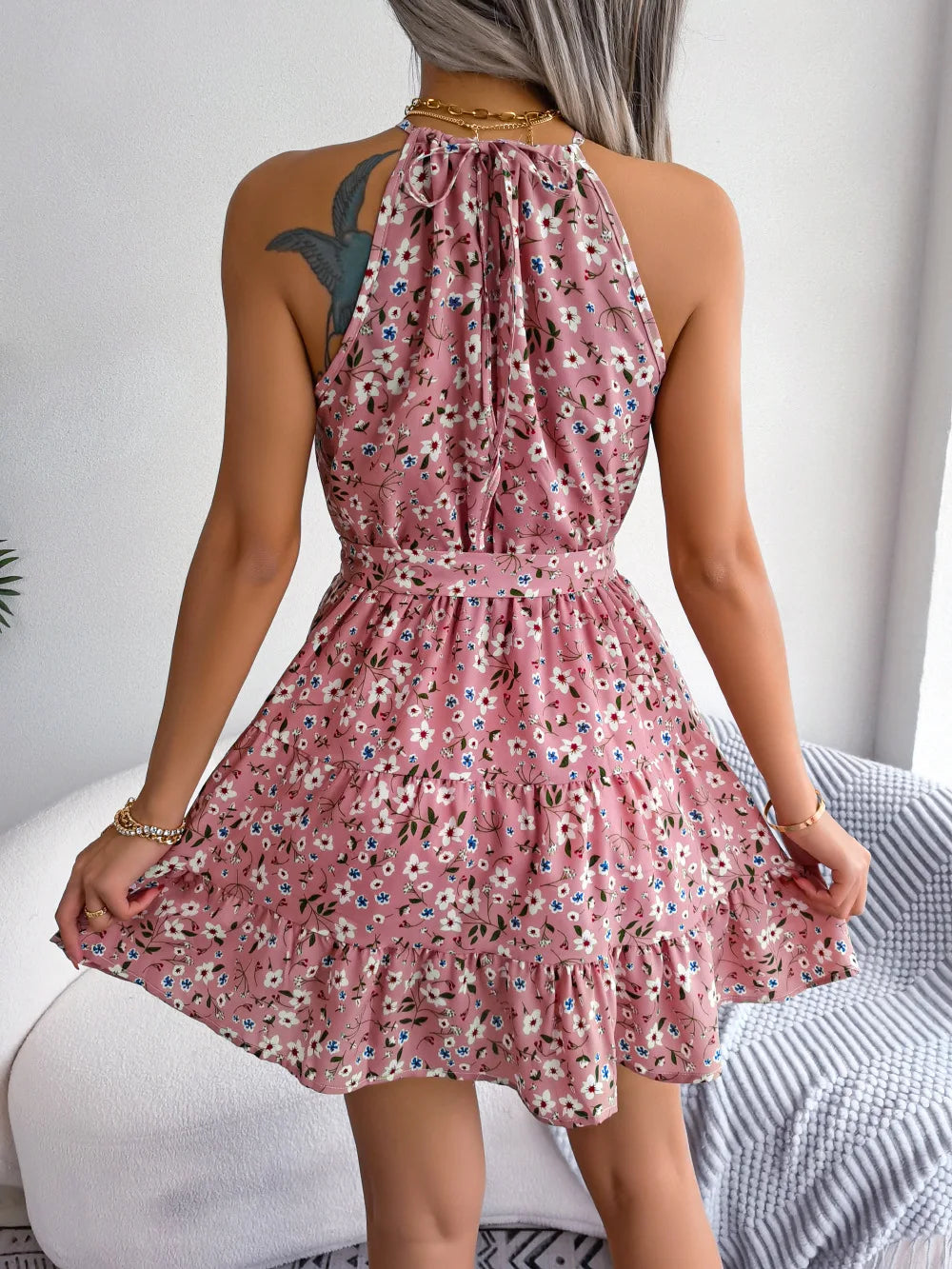 2025 New Casual O-neck Sleeveless Mini Short Sundress Dresses For Women Summer Lace Up Sexy Floral Print Halter Ruffles Vestidos