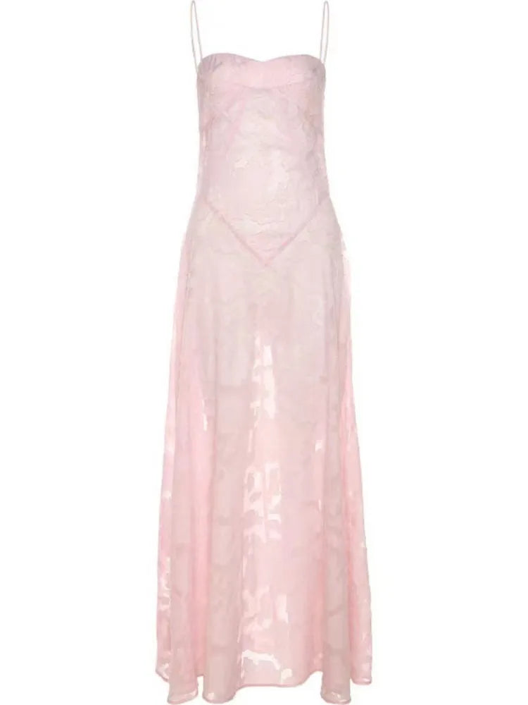 2025 Summer New Dresses For Women Spaghetti Strap Lace Hollow Out Low Cut Sexy A-lin Long Dress Beach Vacation Fashion Vestidos