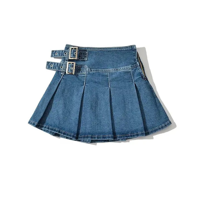 2025 Summer New  Denim Y2k Skirt with Pleats and Belt 90s E-girl Korean Skirts For Women High Street Jeans Short Bottom