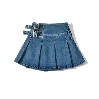 2025 Summer New  Denim Y2k Skirt with Pleats and Belt 90s E-girl Korean Skirts For Women High Street Jeans Short Bottom