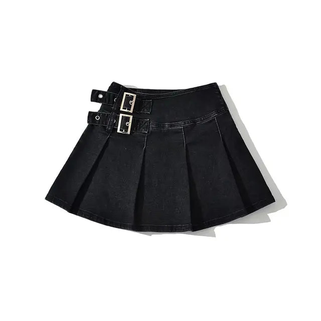 2025 Summer New  Denim Y2k Skirt with Pleats and Belt 90s E-girl Korean Skirts For Women High Street Jeans Short Bottom