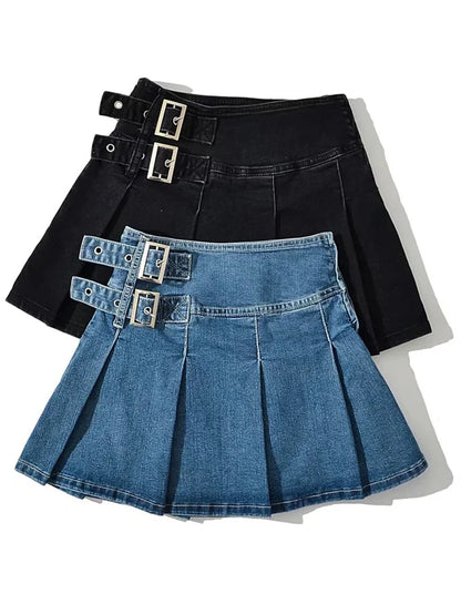 2025 Summer New  Denim Y2k Skirt with Pleats and Belt 90s E-girl Korean Skirts For Women High Street Jeans Short Bottom